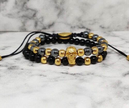 Mei’s Everest Golden Skull armband van edelsteen in goud, grijs en zwart