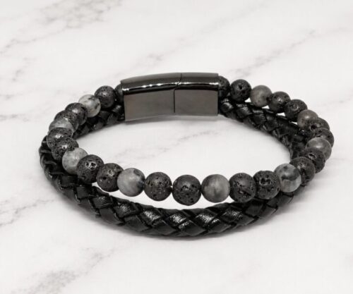Mei’s Hide Lava Leather armband van edelsteen in grijs en zwart