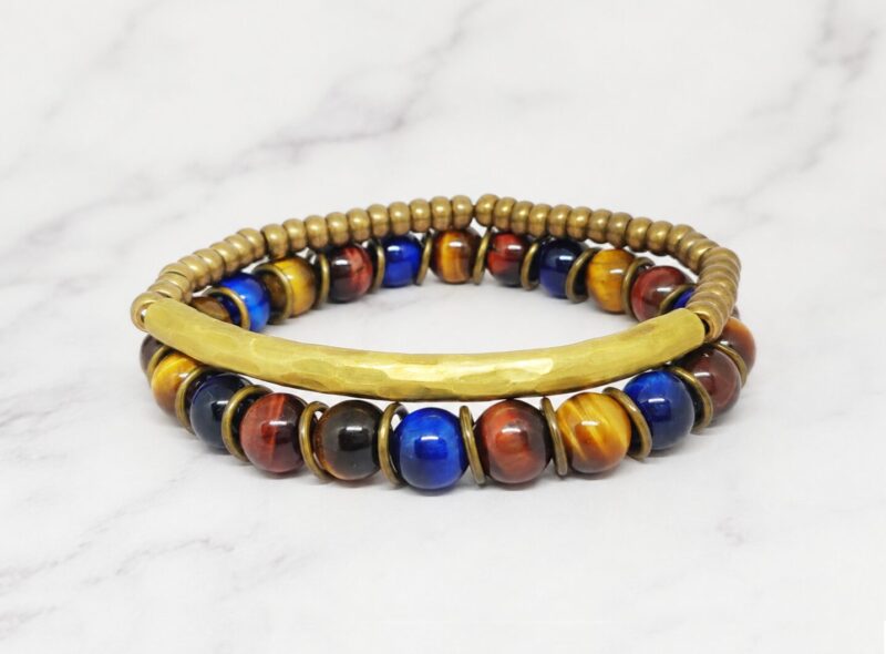 Tibetan Tiger 1 Mei's Tibetan Tibetan Tiger | armband | Edelsteen Mei’s Tibetan Tibetan Tiger armband van edelsteen in blauw, bruin en goud