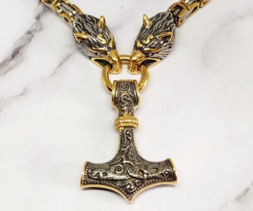 Mei’s Viking Wolf Hammer ketting van roestvrij staal in goud en zilver