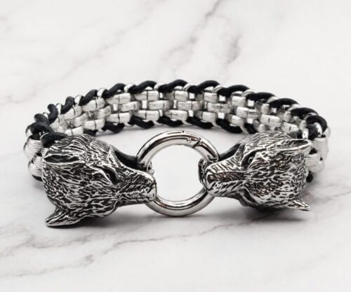 Mei’s Viking Geri & Freki armband van leer in zilver en zwart