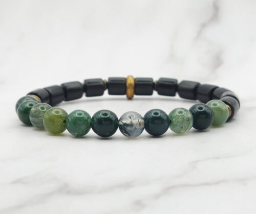 Mei’s Tibetan Moss Stones armband van edelsteen in goud, groen en zwart