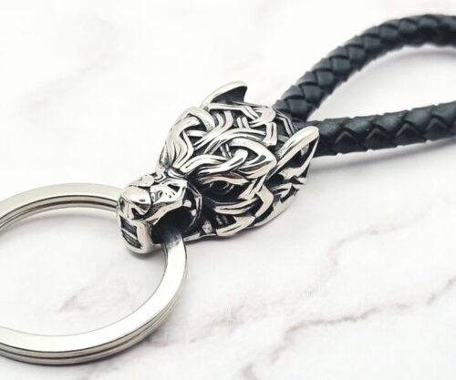 Mei’s Viking Wolf Loop sleutelhanger van leer in zilver en zwart