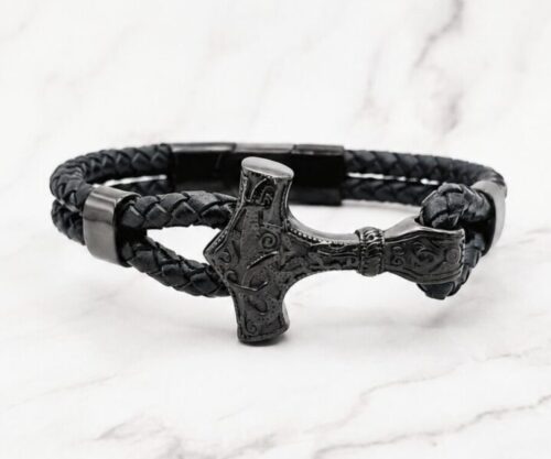 Mei’s Viking Black Hammer armband van leer in zwart