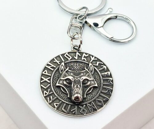 Mei’s Viking Rune Fenrir sleutelhanger van leer in zilver en zwart