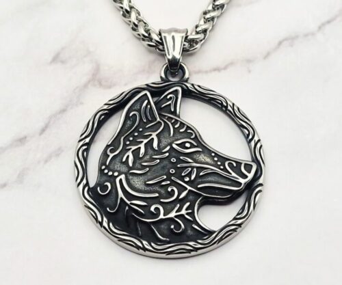 Mei’s Viking Watching Wolf ketting van roestvrij staal in zilver