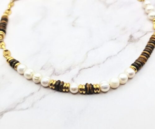 Mei’s Everest Tiger Glow ketting van edelsteen in bruin, goud en wit