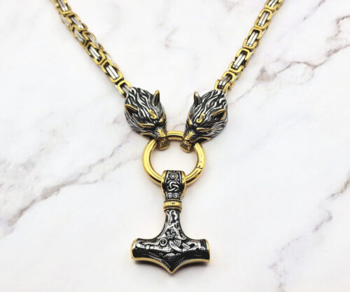 Mei’s Viking Wolf Hammer Bold ketting van roestvrij staal in goud en zilver