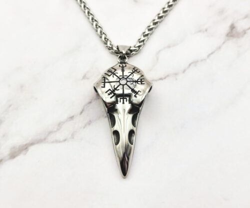 Mei’s Viking Raven Vegvisir ketting van roestvrij staal in zilver